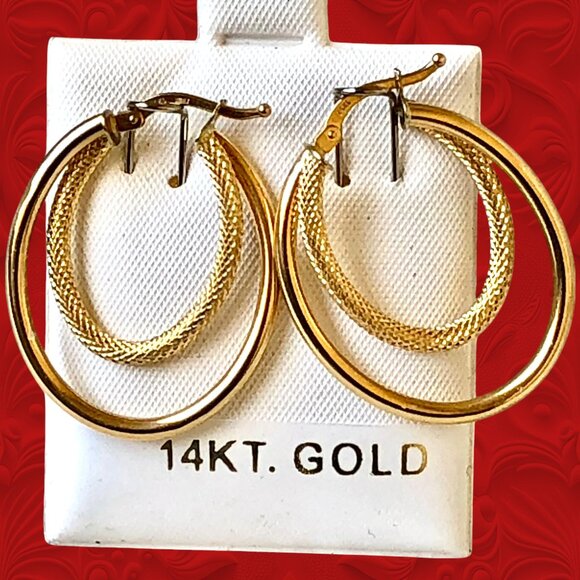 14K Yellow Gold Earrings Duble Hoops Italy 2.2 grams Leverback New - Picture 1 of 15